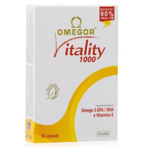 Omegor Vitality 1000 da 60 cps è un integratore di omega-3 EPA e DHA e vitamina E. L'assunzione giornaliera di 250 mg di EPA e di DHA contribuisce alla normale funzione cardiaca. L'assunzionr giornaliera di 250 MG DI DHA contribuisce al mantenimento delle normali funzioni cerebrali e visive. L'asunzione giornaliera si 2 g di EPA e DHA contribuisce al mantenimento delle normali concentrazioni di trigliceridi nel sangue. L'assunzione giornaliera di 3 g di EPA e DHA contrubuisce al mantenimento della normale pressione